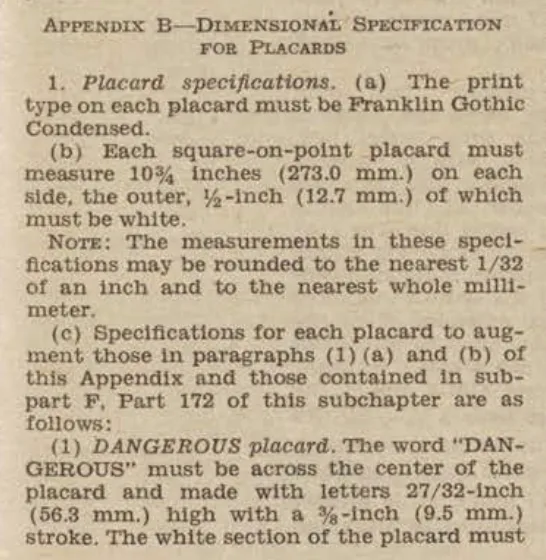 A scanned document titled 'APPENDIX B—DIMENSIONAL SPECIFICATION FOR PLACARDS' details technical requirements for placards…