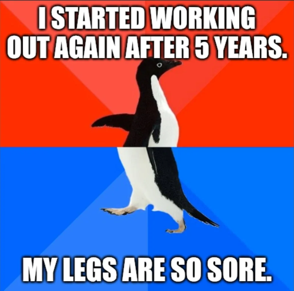 A black-and-white penguin stands centered against a red-and-blue background, split horizontally. The top text reads 'I…