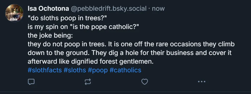 A screenshot of a social media post by Isa Ochotona that humorously rephrases the question 'is the pope catholic?' as 'do…