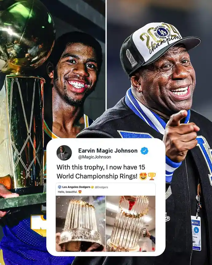 A split image shows a younger Magic Johnson holding a basketball championship trophy on the left, and an older Magic Johnson…