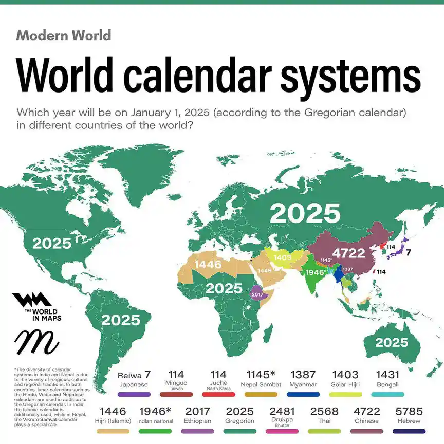 An infographic titled 'World calendar systems' shows a world map with different countries labeled with the year…