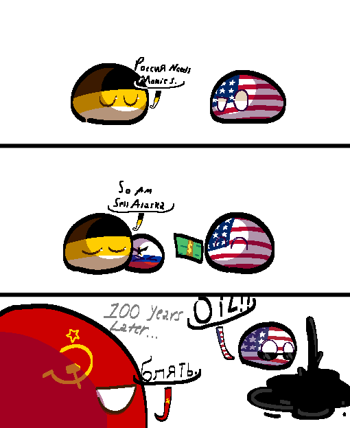 Three panels show cartoon country balls: Russia (brown/yellow) says 'Russia Needs Maneuvers' to USA (stars and stripes). USA…