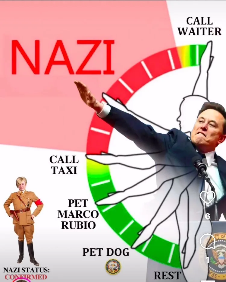 An image of Elon Musk with his arm raised, superimposed over a rainbow-colored circular dial resembling a health or status…