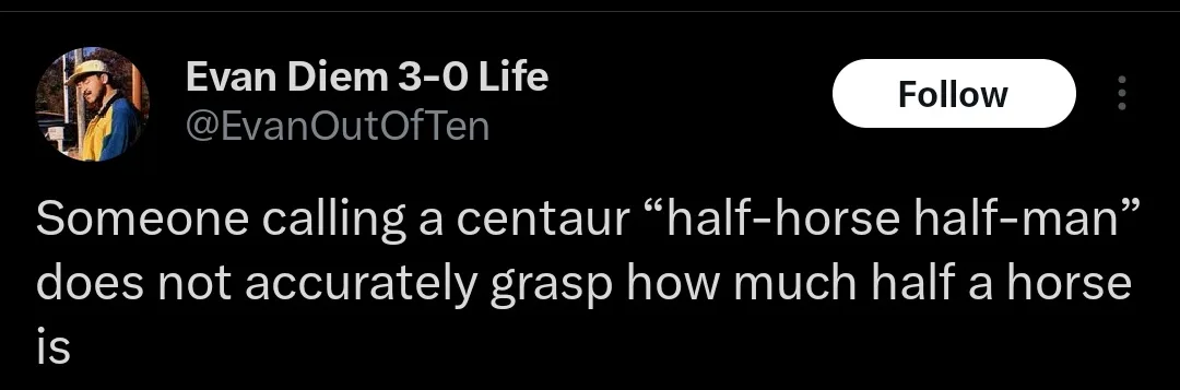 A screenshot of a tweet by Evan Diem 3-0 Life (@EvanOutOfTen) with a black background and white text. The tweet reads…