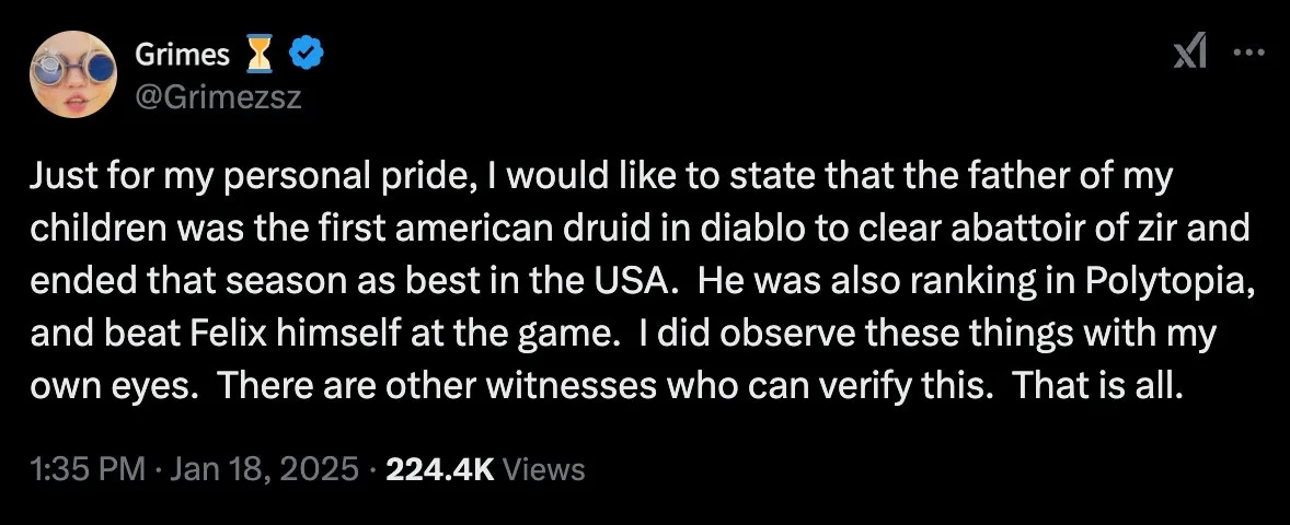 A screenshot of a tweet from musician Grimes (@GrimezsZ) with a black background and white text. The tweet, dated January…