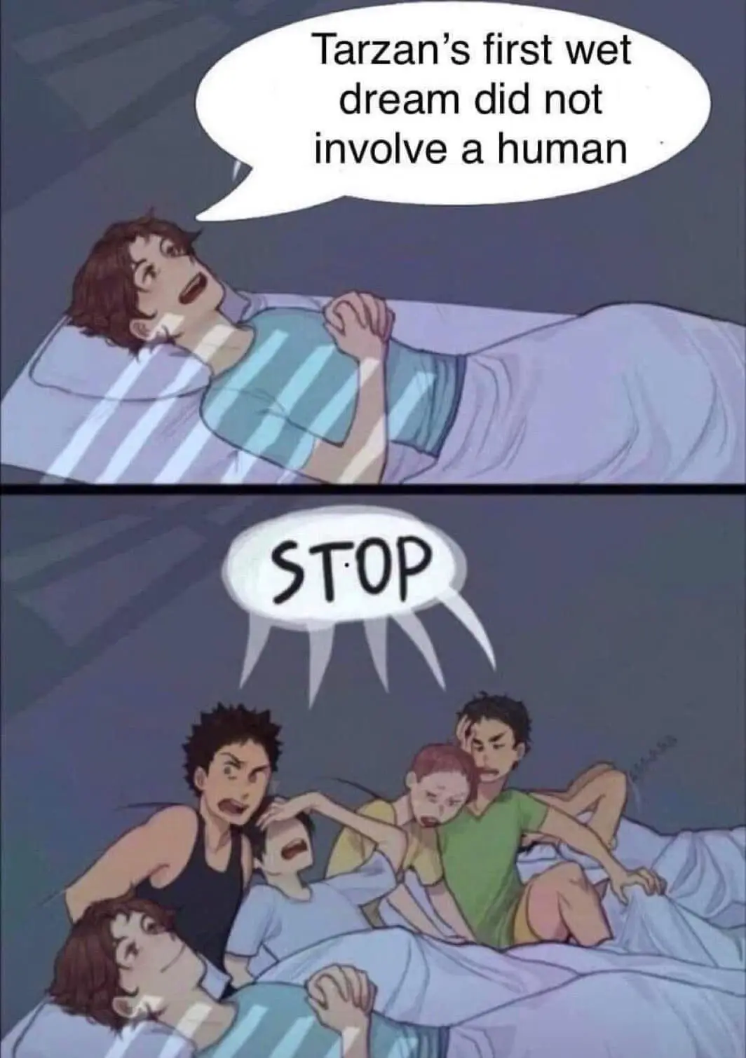 The top panel shows a young man lying in bed with a speech bubble saying 'Tarzan's first wet dream did not involve a human'…