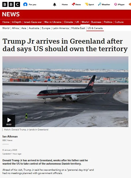 A BBC News screenshot shows a Trump-branded airplane on a snowy runway in Greenland, with a headline reading 'Trump Jr…