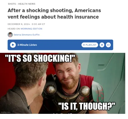 A screenshot of a news article headline about Americans venting about health insurance after a shooting, overlaid with a…