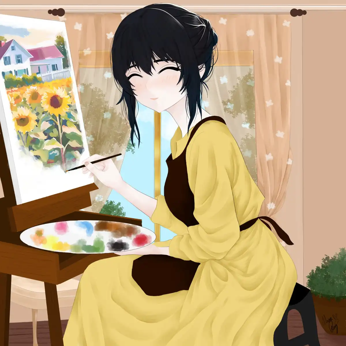 An anime-style illustration shows a young woman with black hair tied back, wearing a yellow dress and brown apron, sitting…