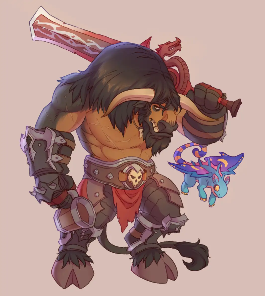 A muscular, horned, beast-like warrior with dark hair and a beard, wearing armor and carrying a large sword over his…