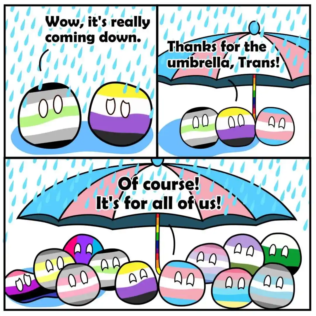 A three-panel comic featuring gender identity pride flag ball characters in the rain. In the first panel, two characters…