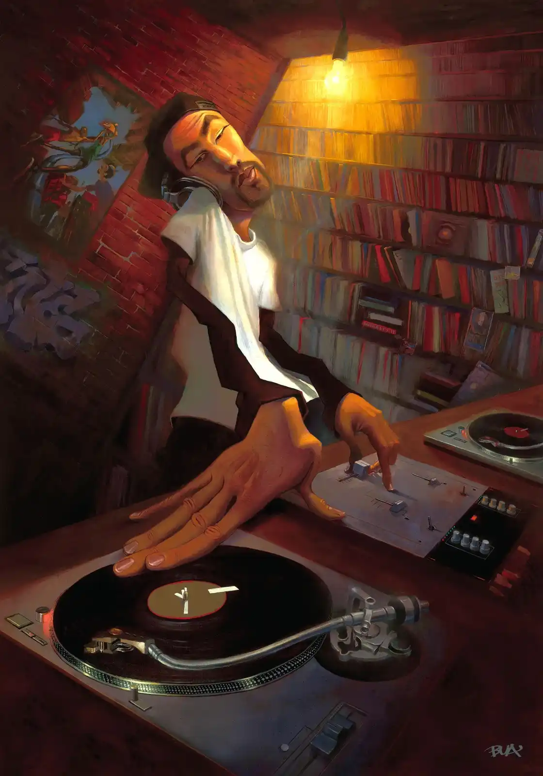 A stylized painting depicts a man in a white t-shirt and cap, wearing headphones, leaning back in a dimly lit room with…