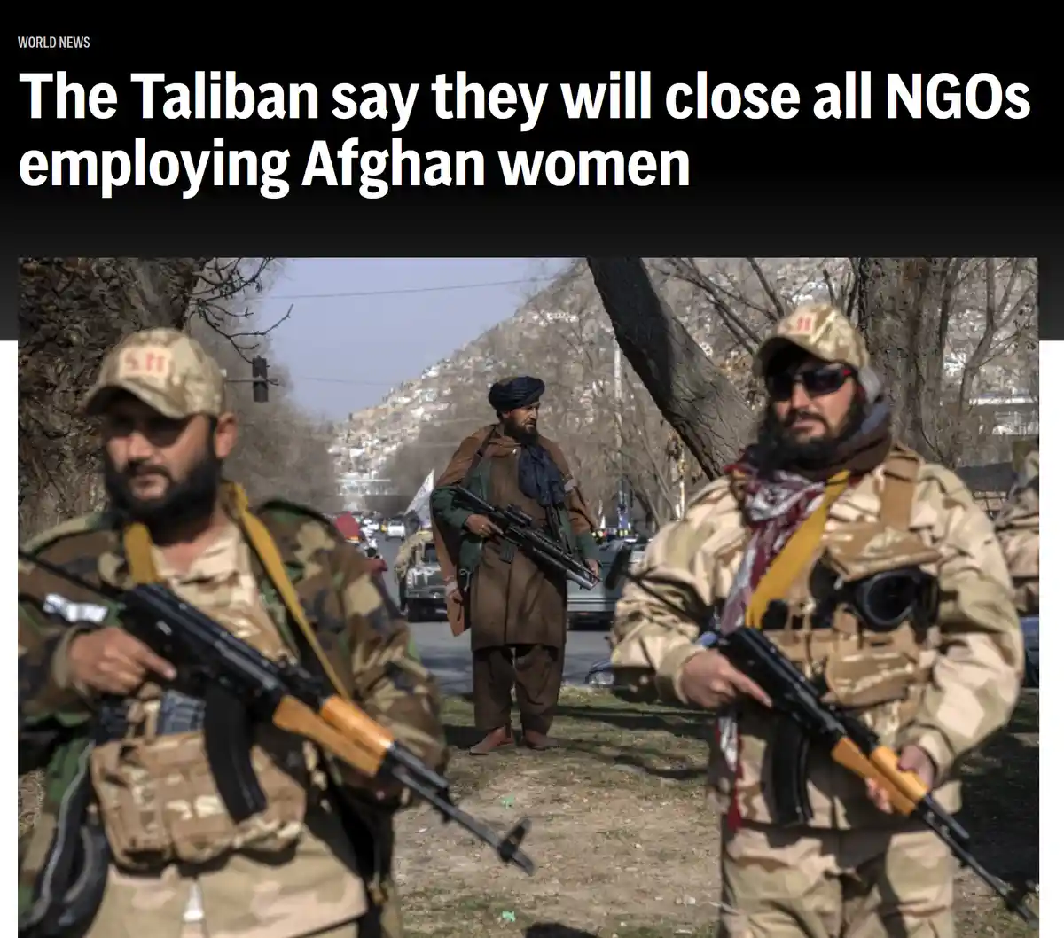 A news headline overlaying a photo of three armed Taliban fighters in camouflage gear standing outdoors on a street with…