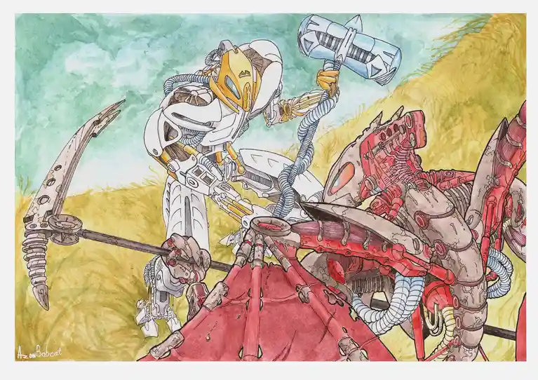A watercolor illustration depicts a white and gold armored robot wielding a hammer, standing over a defeated red and grey…