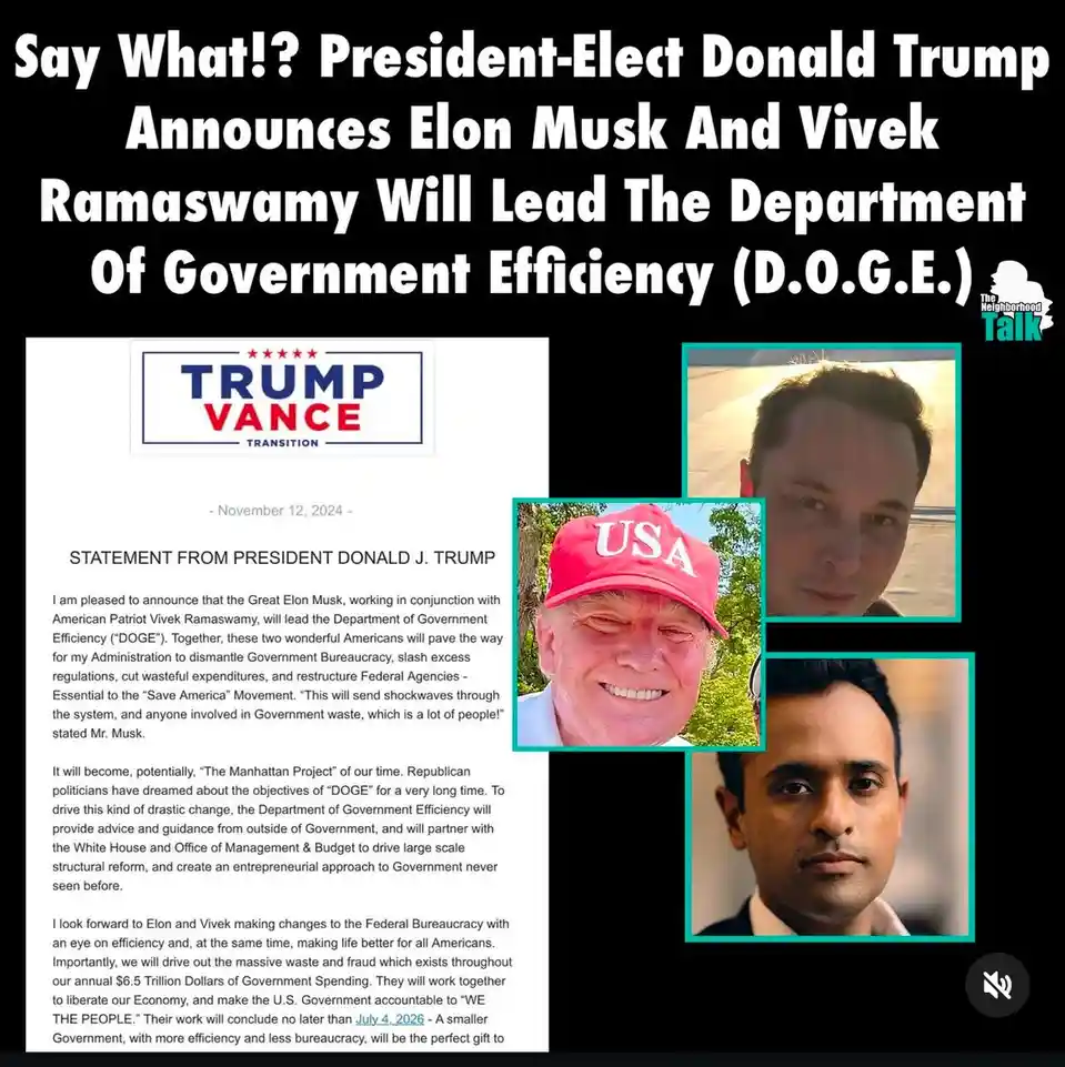 The image displays a satirical 'statement' from a fictional 'Trump Vance Transition' dated November 12, 2024, announcing…