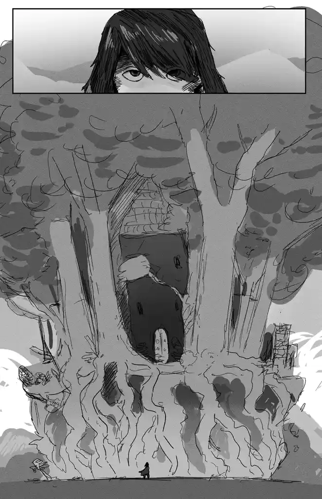 A black-and-white sketch shows a tiny figure standing before a colossal, gnarled tree with a face-like structure in its…