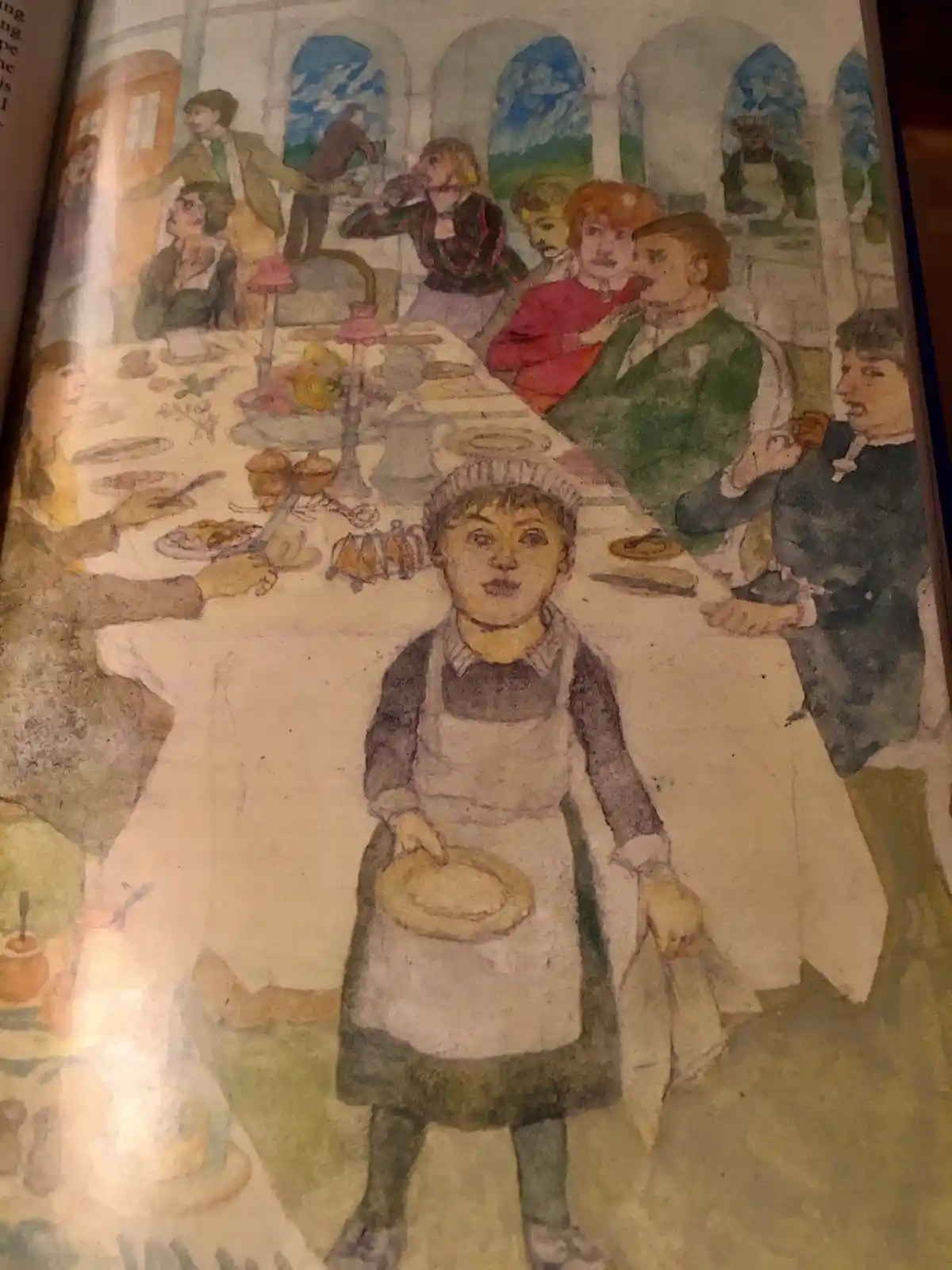 A watercolor illustration depicts a young child in an apron and chef's hat, holding a plate and cloth while standing in…