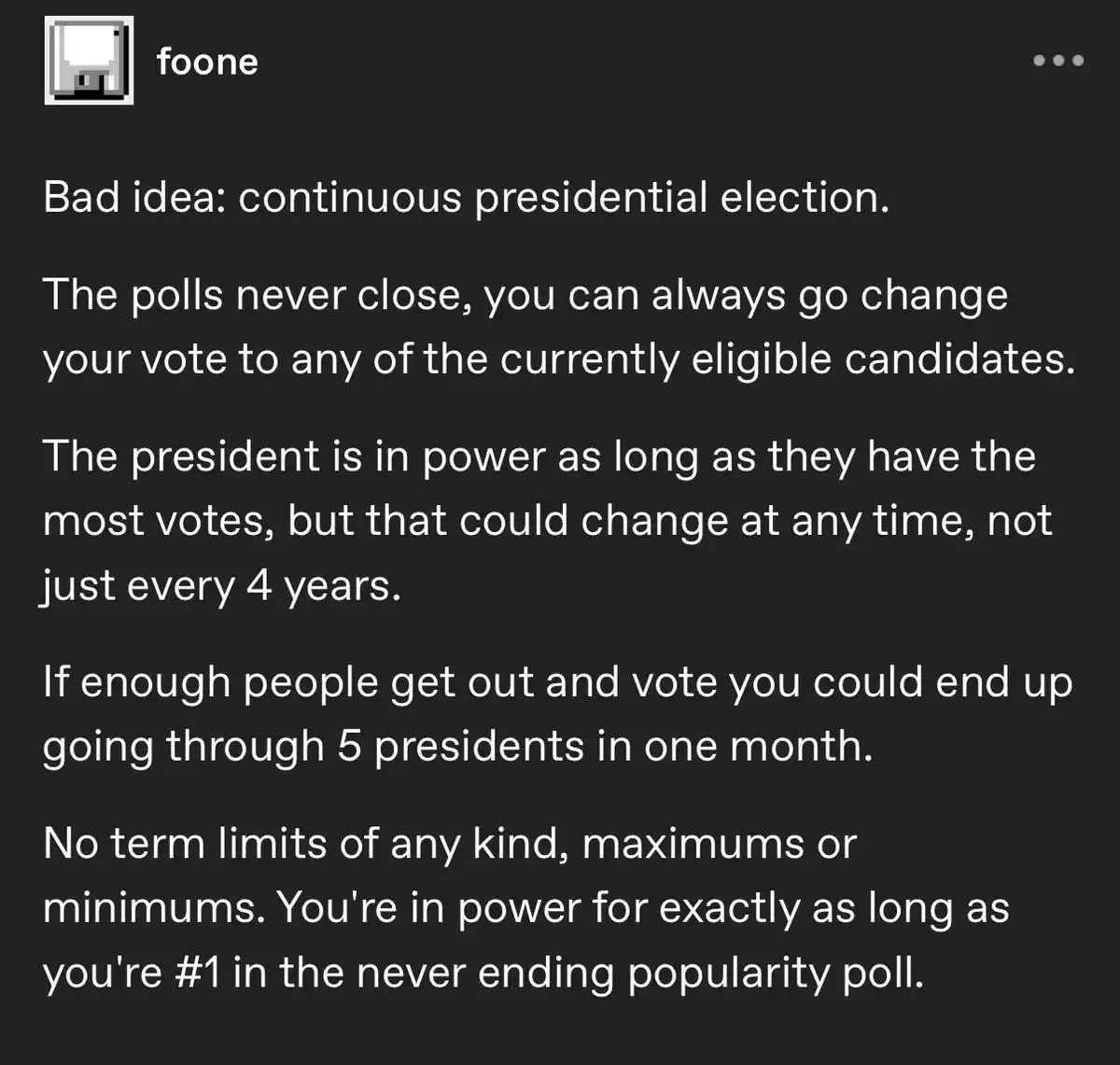 A screenshot of a social media post by 'foone' with a dark background and white text, outlining a satirical 'bad idea' for a…