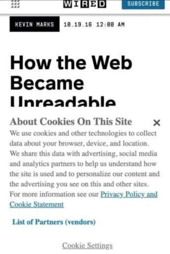 A screenshot of a Wired article titled 'How the Web Became Unreadable' from October 19, 2016, is overlaid with a cookie…