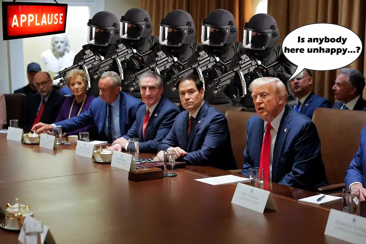 A photo of Donald Trump at a meeting with other officials, overlaid with five armed riot police officers behind him. A red…