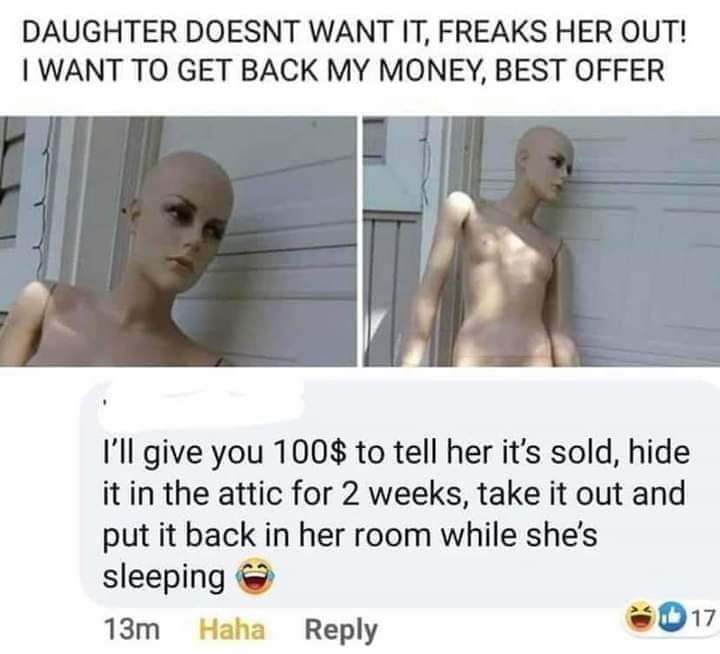 The image shows two side-by-side photos of a bald female mannequin, first in a neutral pose, then leaning against a wall…