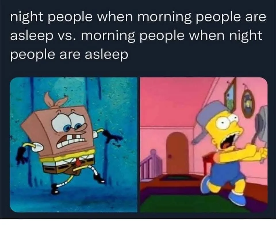 The image is a side-by-side comparison. On the left, SpongeBob SquarePants is shown in a frantic, terrified state, running…