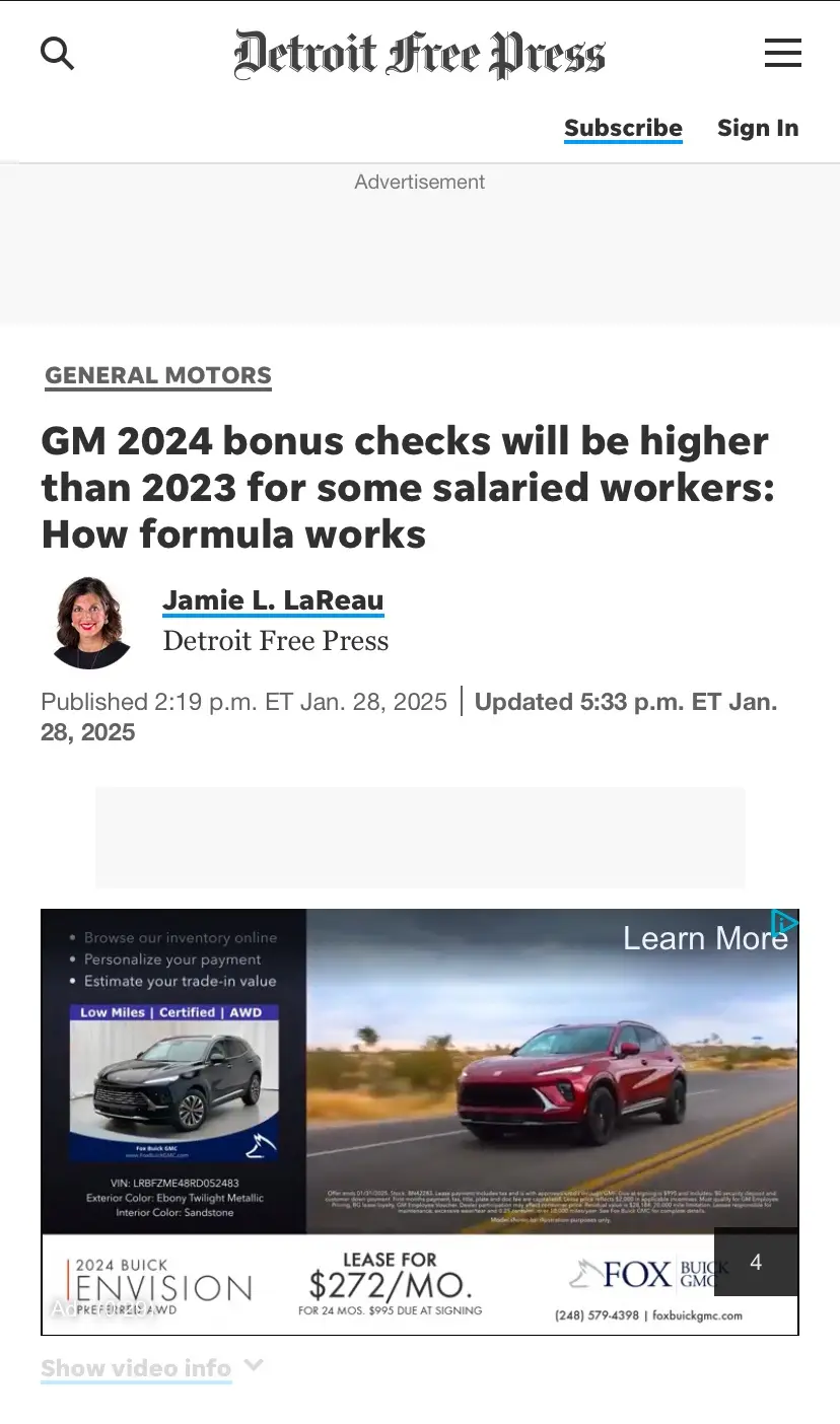 A screenshot of a Detroit Free Press article titled 'GM 2024 bonus checks will be higher than 2023 for some salaried…