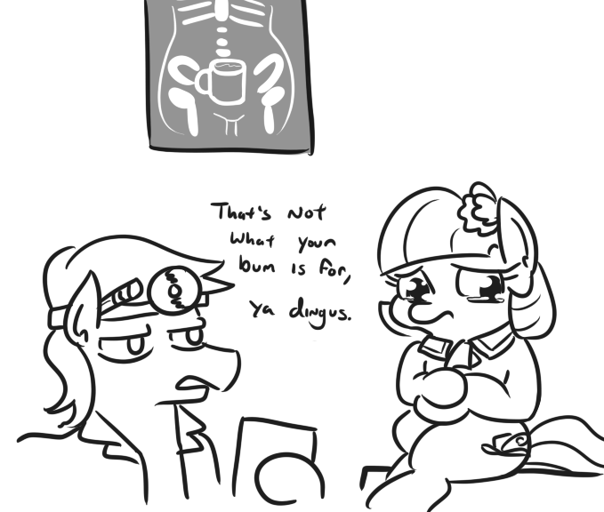 A black-and-white cartoon shows a pony with glasses and a lab coat pointing at an x-ray image of a torso that has a coffee…