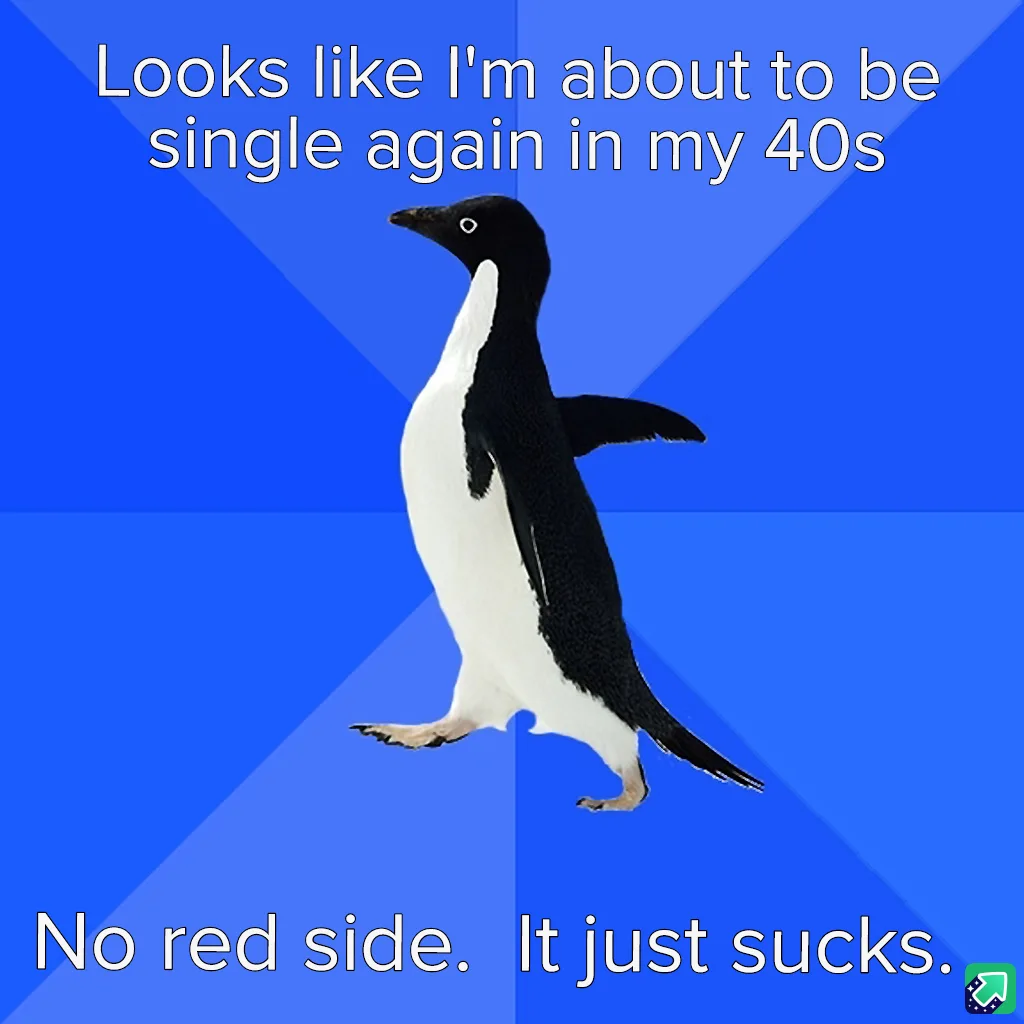 A black-and-white penguin walks against a blue background with diagonal lines. The top text reads 'Looks like I'm about to…