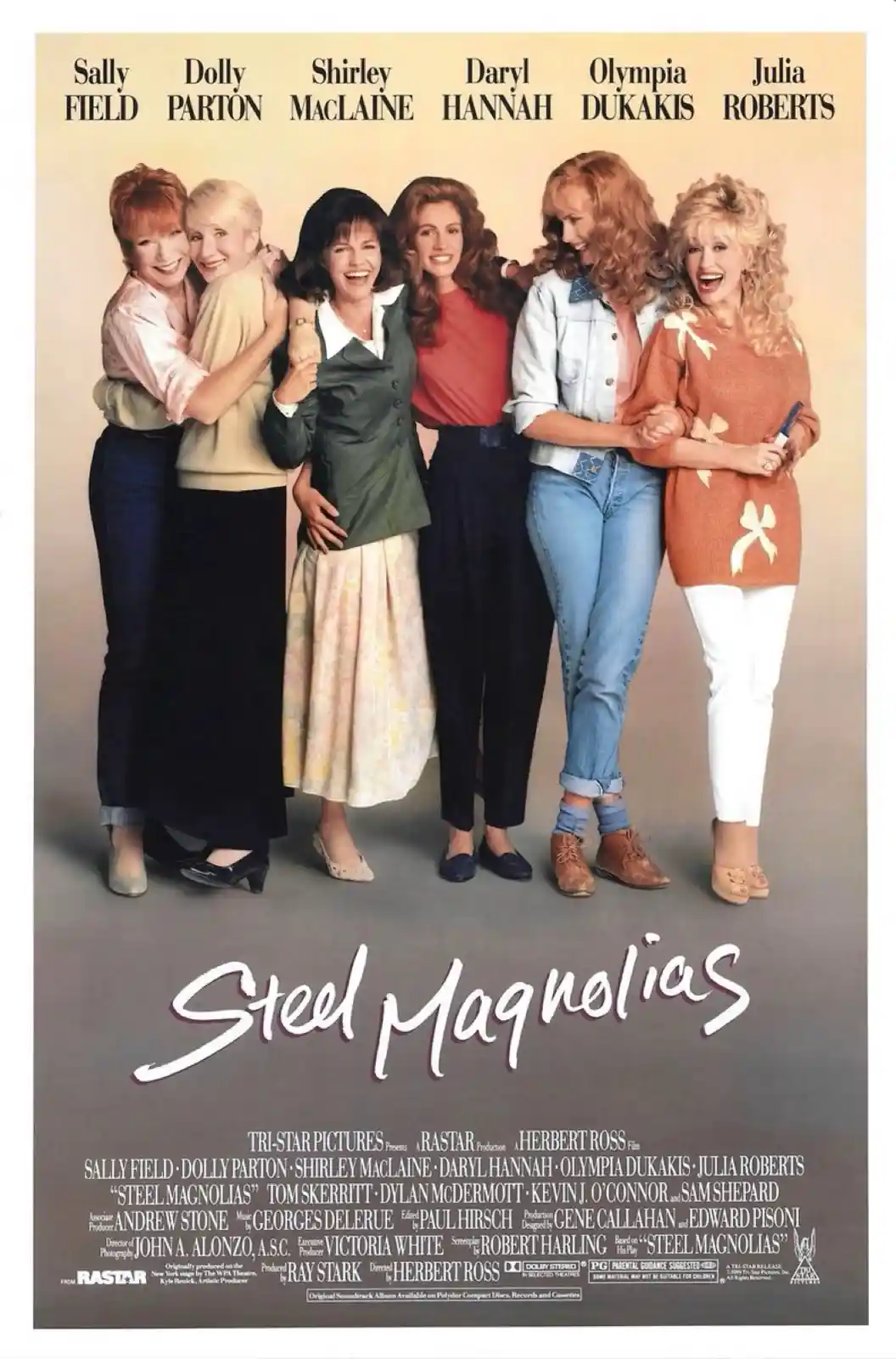 A movie poster for 'Steel Magnolias' featuring six women—Sally Field, Dolly Parton, Shirley MacLaine, Daryl Hannah, Olympia…