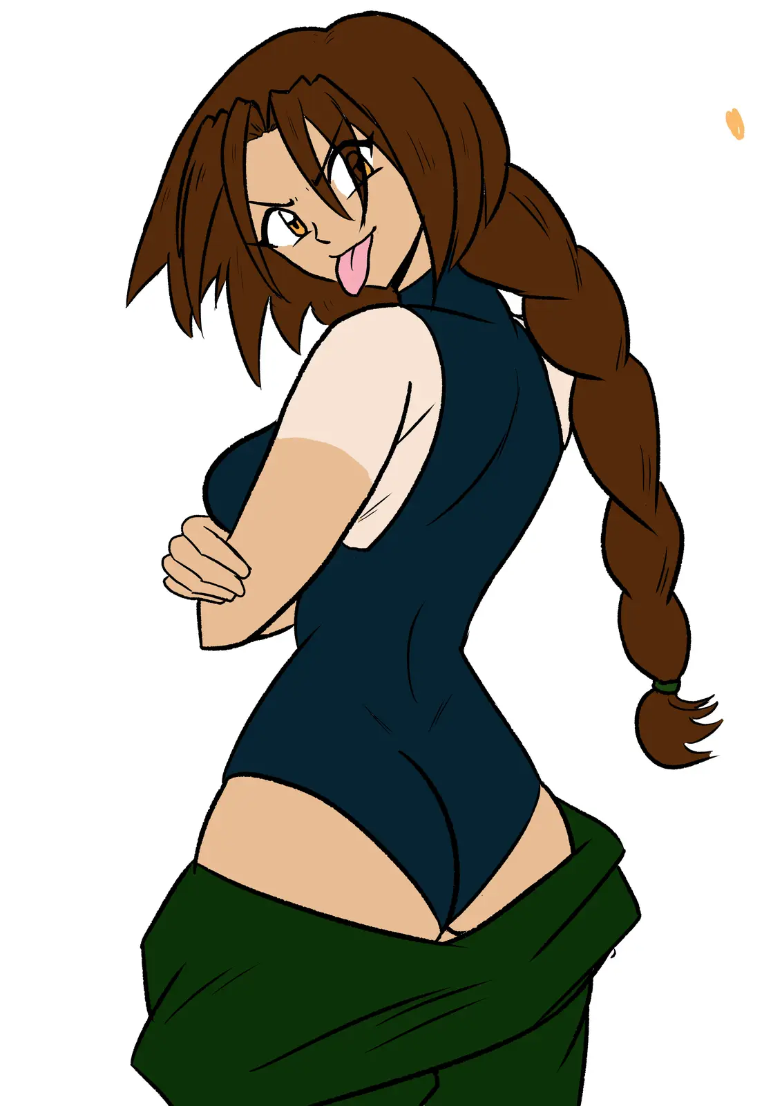 An anime-style illustration of a woman with brown hair in a braid, wearing a dark blue sleeveless top and green pants…