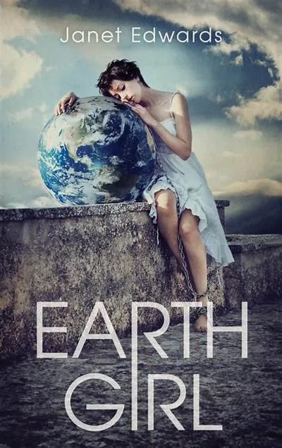 A woman in a white dress sits on a stone ledge, resting her head on a globe of the Earth, with the text 'Janet Edwards' at…