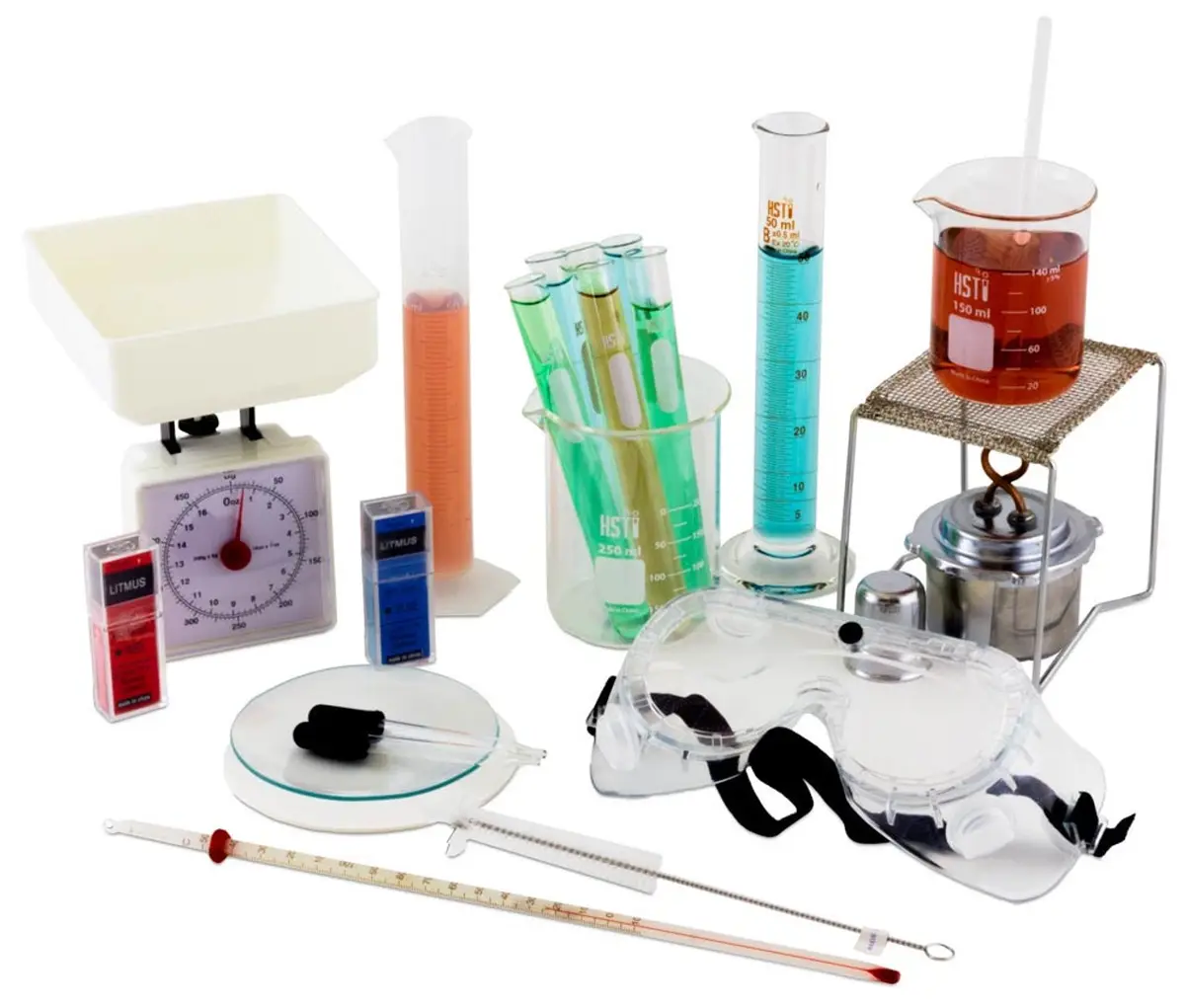 A collection of science lab equipment including a balance scale, beakers, test tubes, a Bunsen burner, safety goggles, and…