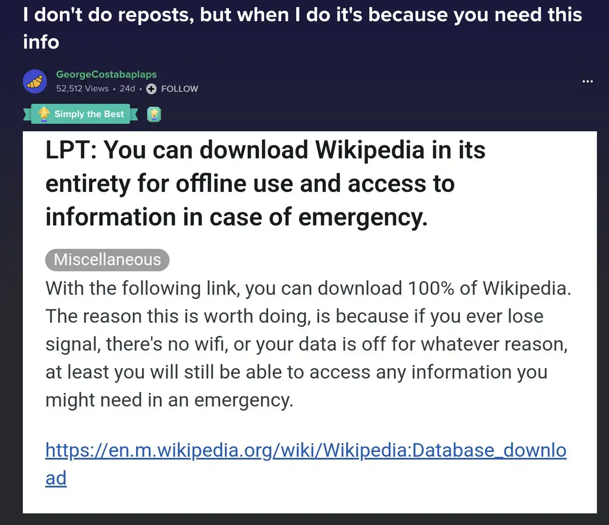 The image shows a screenshot of a Reddit post by user GeorgeCostabaplaps, which is titled 'LPT: You can download Wikipedia…