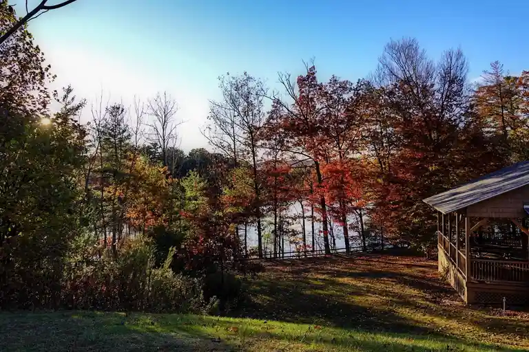 A scenic autumn landscape featuring a wooden gazebo on the right, a grassy slope, and a lake surrounded by trees with…