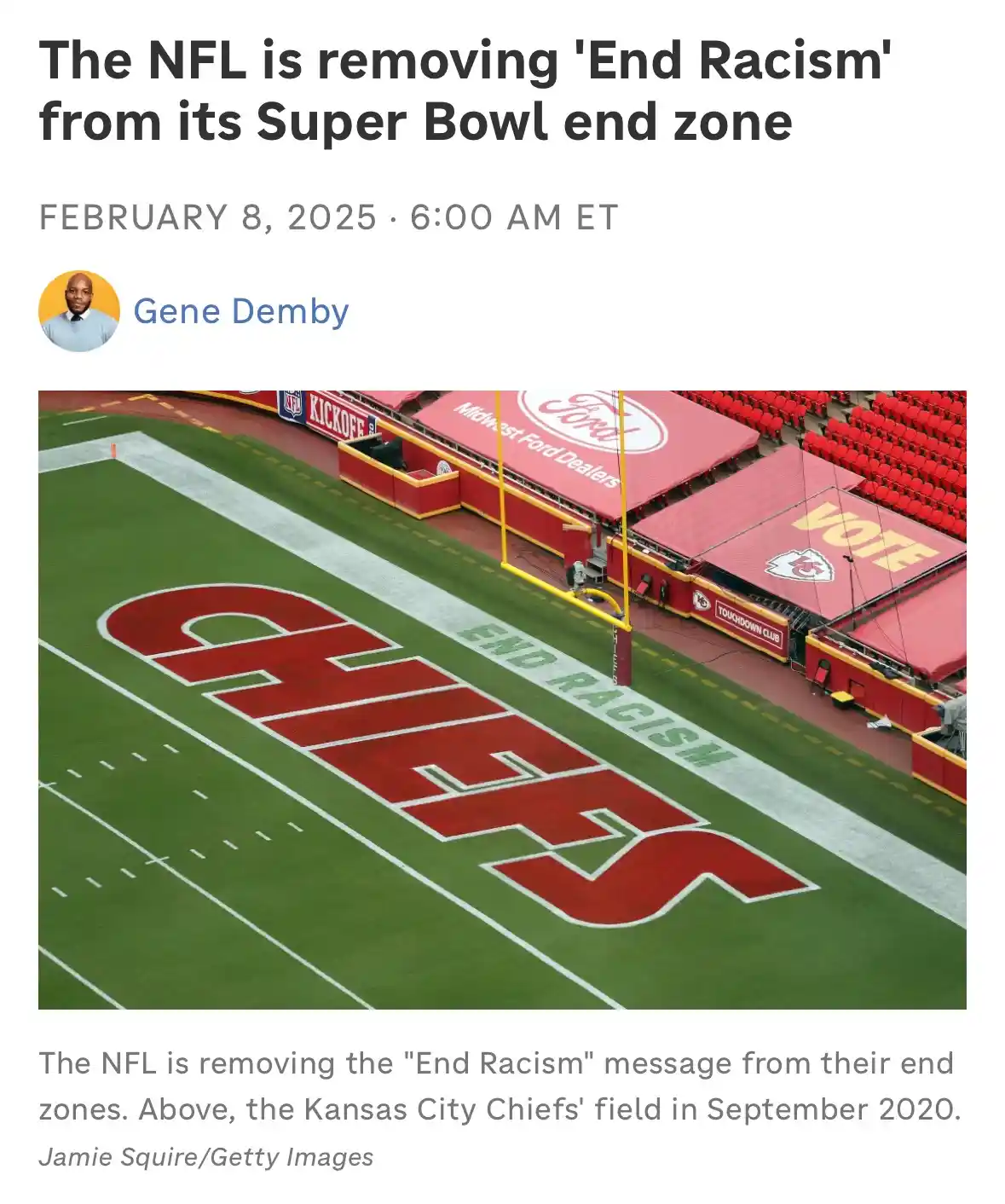 An aerial view of a football field shows the word 'CHIEFS' in large red letters on the green turf, with the phrase 'END…