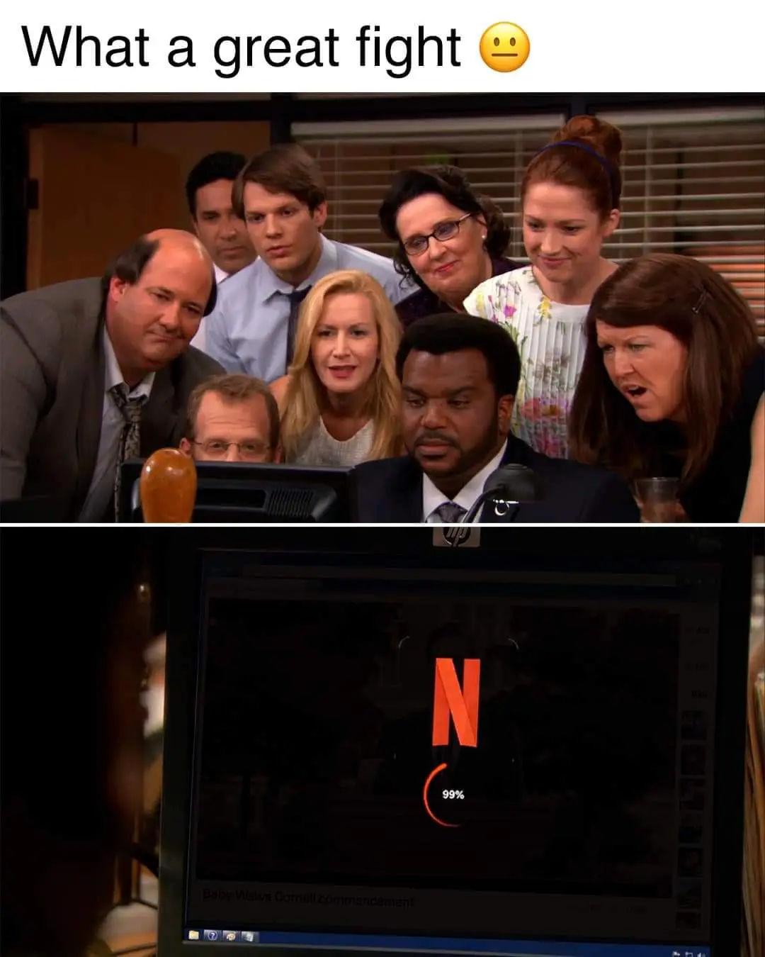 The top panel shows a group of people from 'The Office' gathered around a computer monitor, looking intently at the screen…