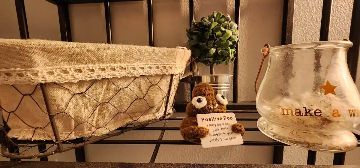 A small, brown, crocheted poop-shaped plush toy sits on a metal shelf holding a white card that reads 'Positive Poo I may be…