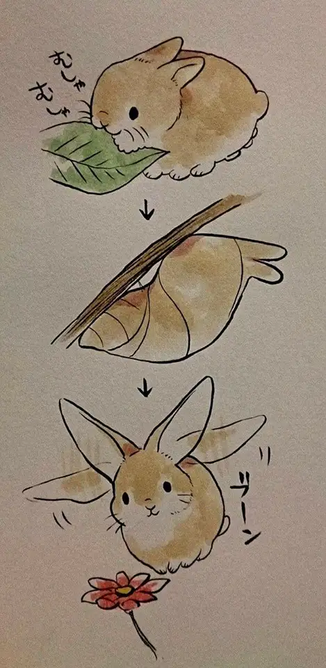 A watercolor-style illustration shows a cute bunny eating a leaf, then transforming into a caterpillar-like form, and…