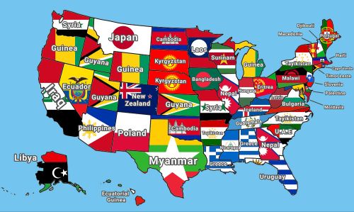 a map of the united states with each state replaced by the flag of a different country, including japan, guinea, cambodia…