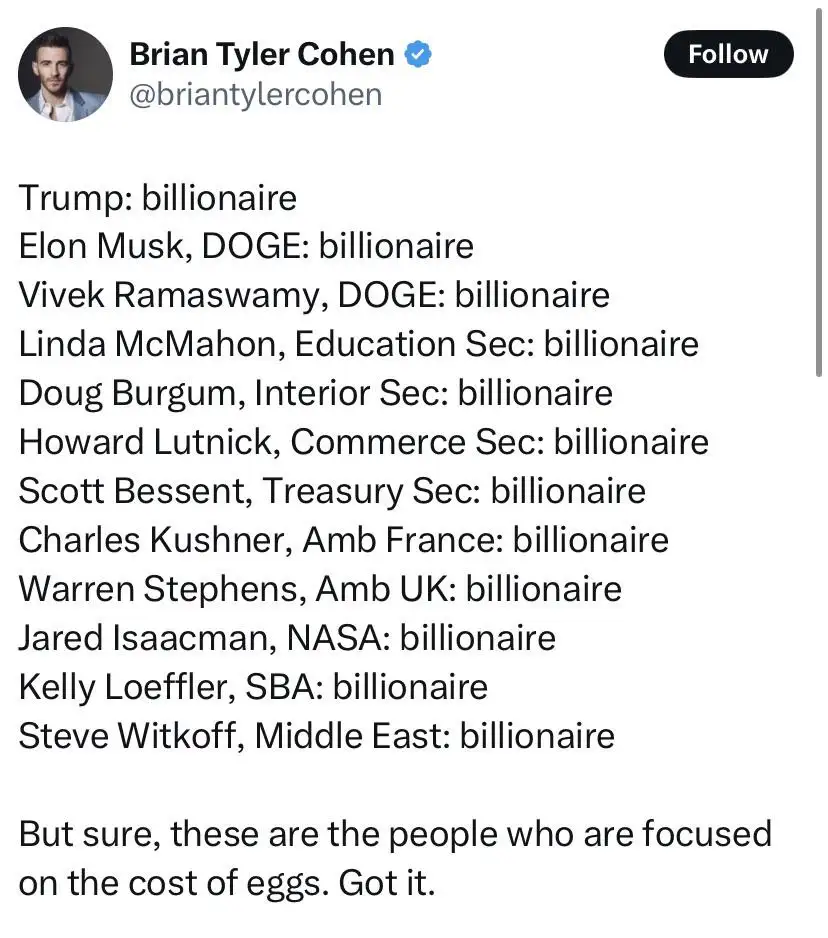 A screenshot of a tweet by Brian Tyler Cohen listing various public figures and their roles, all labeled as 'billionaire'…