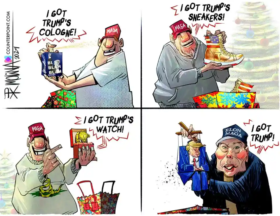A four-panel comic strip shows a man in a MAGA hat excitedly opening Christmas gifts: Trump cologne, Trump sneakers, Trump…