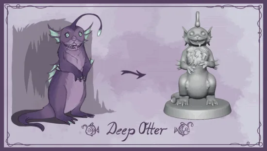 The image displays six panels arranged in two rows, each showing a purple, otter-like creature with glowing eyes and…