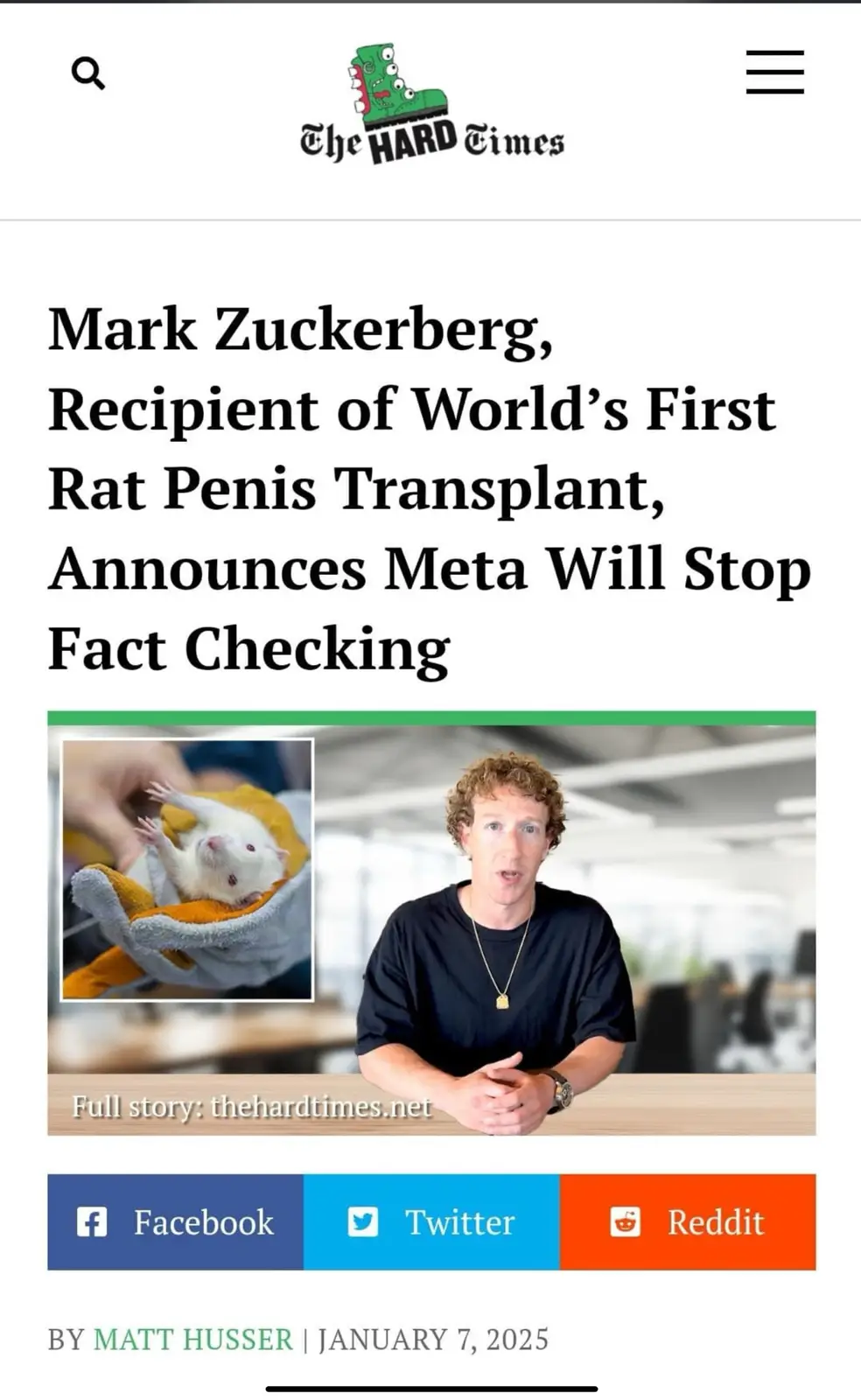 The image shows a mock news article from 'The HARD Times' with a headline claiming Mark Zuckerberg received a rat penis…