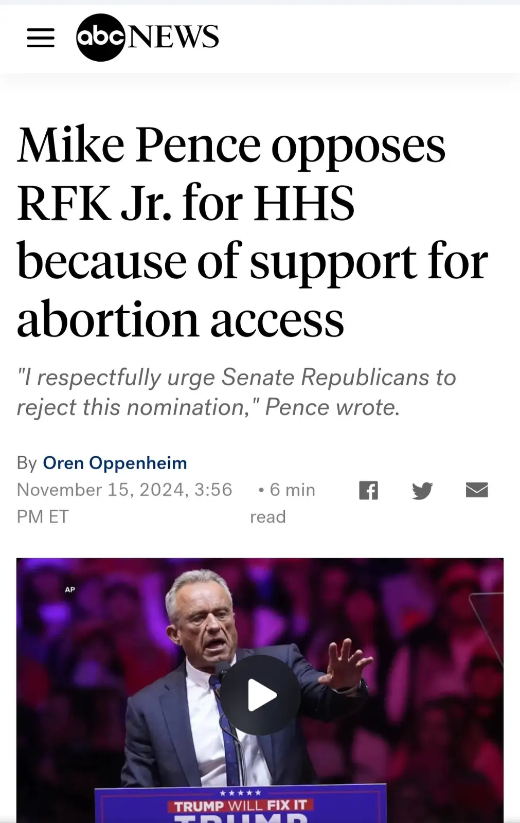 An abcnews.com article screenshot shows a headline about Mike Pence opposing RFK Jr. for HHS due to abortion access…