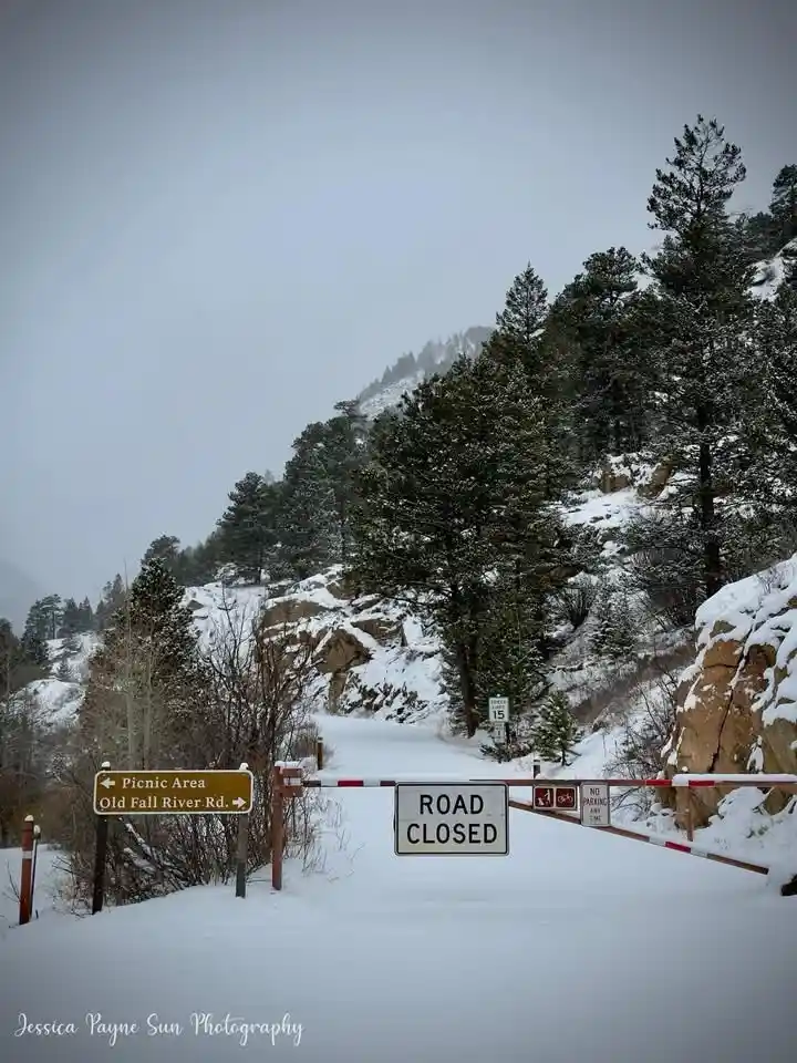 A snowy mountain road is blocked by a red-and-white barrier arm with a white sign that reads 'ROAD CLOSED'. A brown…