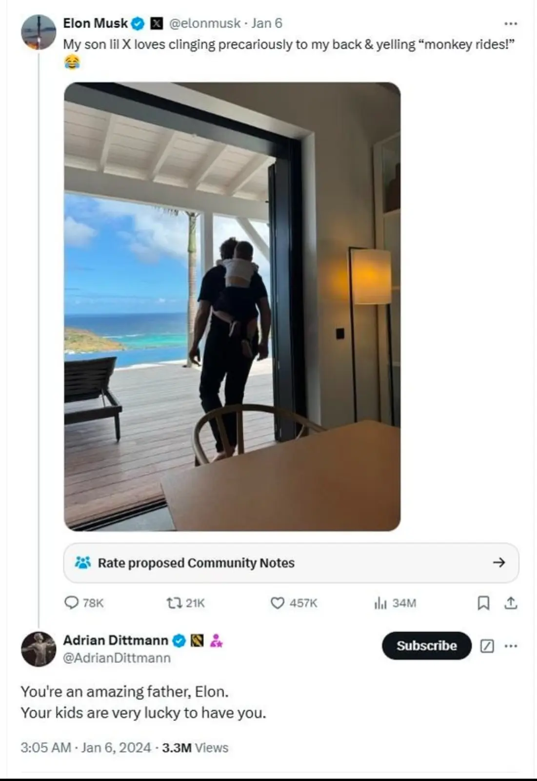 A screenshot of a tweet by Elon Musk showing him from behind carrying a small child on his back as they walk through a…
