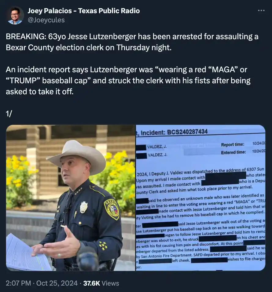 A split-screen image shows a sheriff in uniform speaking at a press conference on the left, and a redacted police incident…