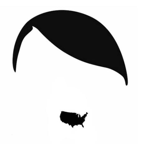 the image shows a large, stylized black hairdo at the top and a small black silhouette of the united states at the bottom…