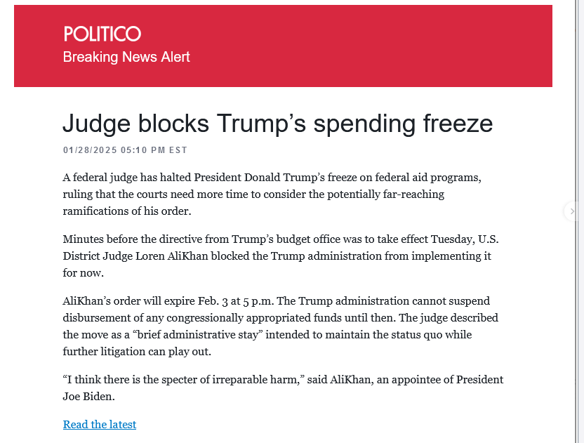 A screenshot of a Politico news article with a red header reading 'POLITICO Breaking News Alert'. The headline reads 'Judge…